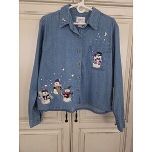 Vtg Christopher & Banks Chambray Snowman Button Up Top Women's Large Frosty Xmas
